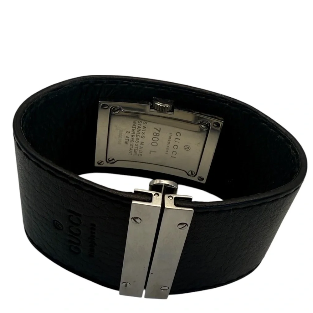 Gucci 7800L Vintage Ladies Black Leather Bangle Cuff Watch - Swiss Made